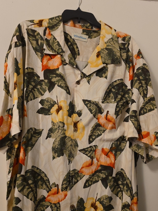 Caribbean Other - Caribbean Tropical Floral Camp Shirt in Cream, Green, Orange, Yellow